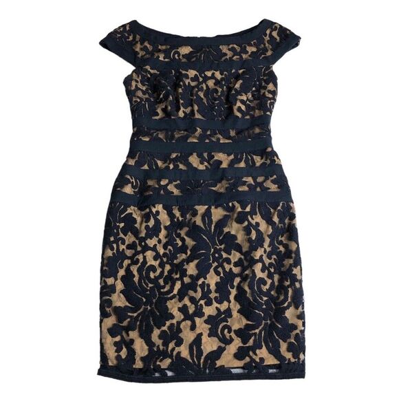Tadashi Shoji Dress Womens 4 Navy Tan Floral Lace Overlay Banded Sheath 3K915M